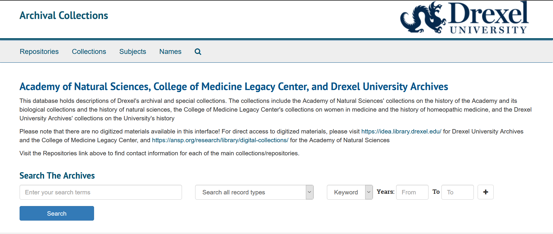 A screenshot of the new Drexel Archival Collections Database.